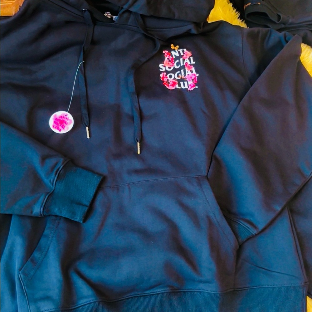Anti Social Social Black Hoodie Sweater with Pink Embroidered Logo